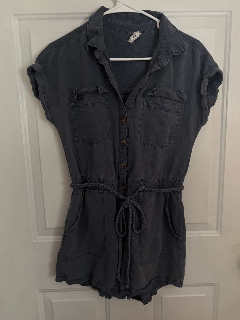Nicole Miller New York Linen Blend Utility Romper Gray S